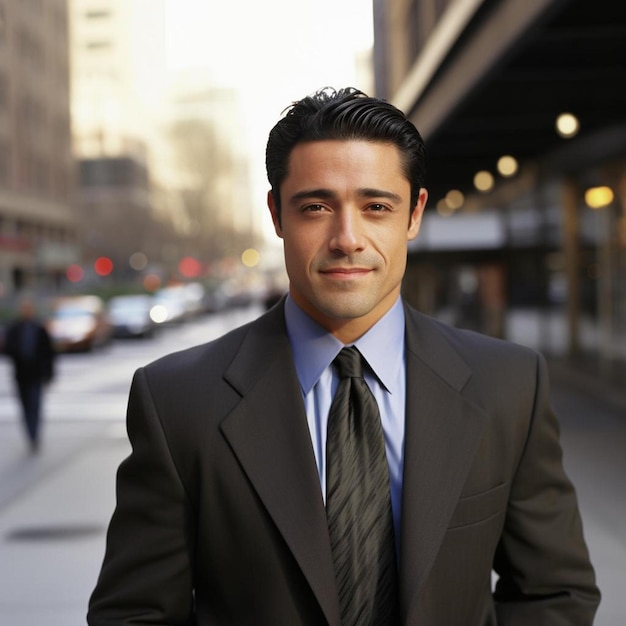 portrait of hispanic business executive on city street