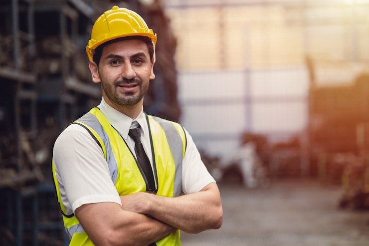 Photo portrait hispanic latin male engineer worker factory staff standing smile looking camera with space for text