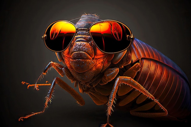 Portrait of hissing cockroach with sunglasses on a dark background generative ai