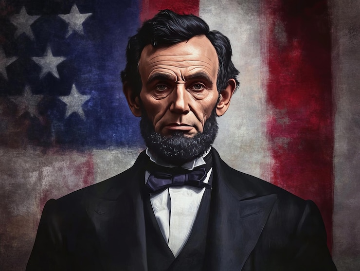Photo portrait of a historical figure against a backdrop of the american flag
