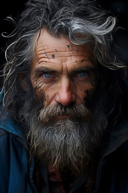 Portrait of a homeless man close up sadness in the eyes Generative AI