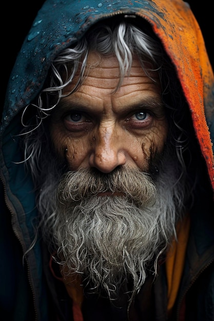 Portrait of a homeless man close up sadness in the eyes Generative AI