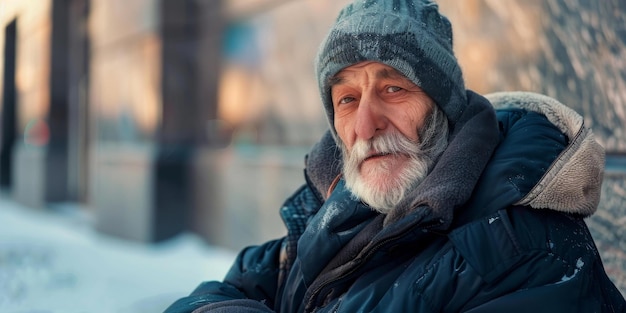 Foto ritratto di un senzatetto che guarda la telecamera