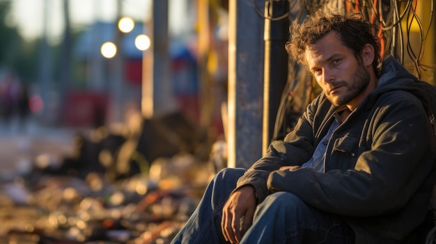 Photo portrait of a homeless man sitting on the street in the morning at serbia