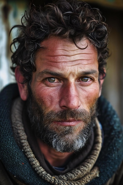 Portrait of a homeless man with a beard and mustache in the street