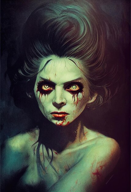 Portrait of a horrible scary zombie woman. The concept of horrible zombies.