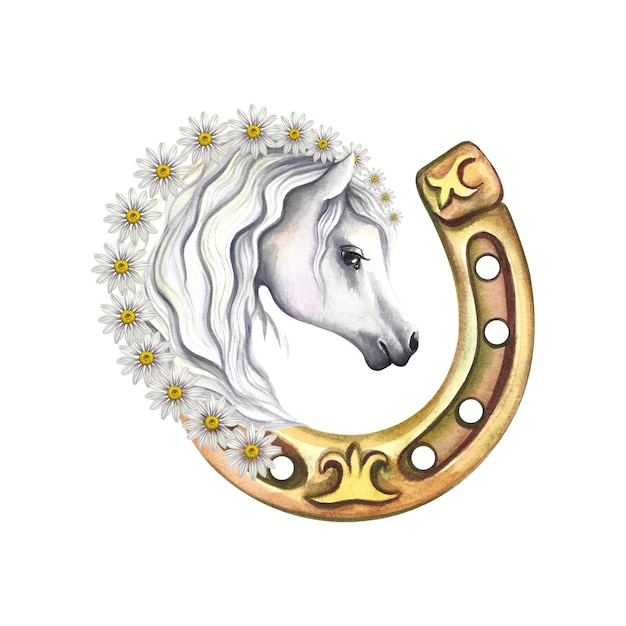 Portrait of a horse on the background of a horseshoe decorated with daisies. Watercolor handmade