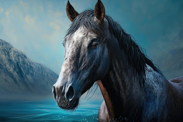 Portrait of a horse on a blue sea background