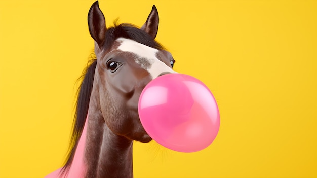 portrait of horse head blowing bubble gum on yellow background