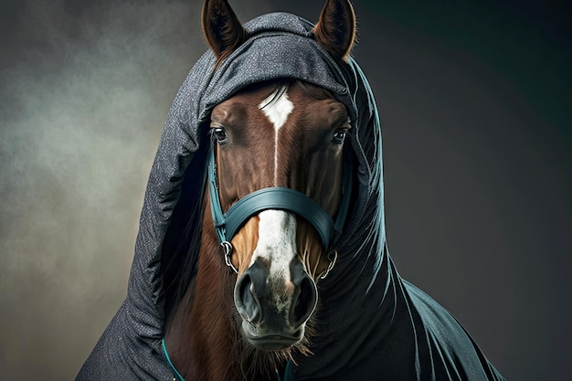 Portrait of horse in sportswear and a hood generative ai