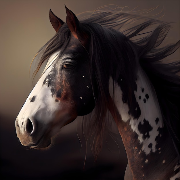 暗い背景に長いたてがみを持つ馬の肖像画