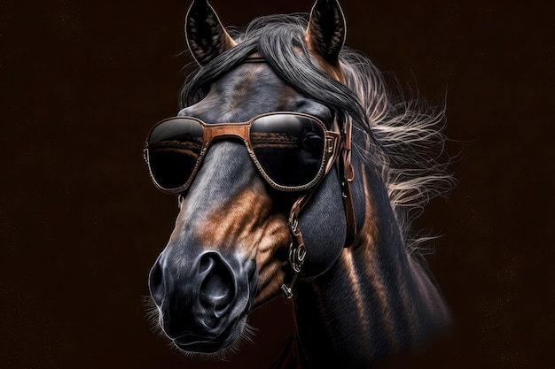 Portrait of horse with sunglasses on a dark background generative ai