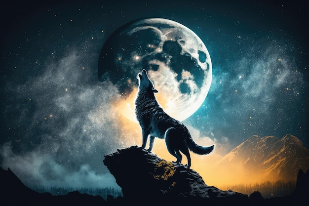 Portrait of howling wolf over full moon created using generative ai technology