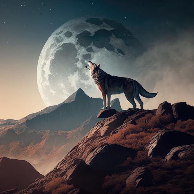 Portrait of howling wolf over full moon created using generative ai technology