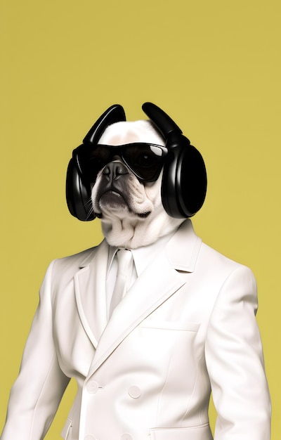 Portrait of human like bull dog with sunglasses and fashionable dressing