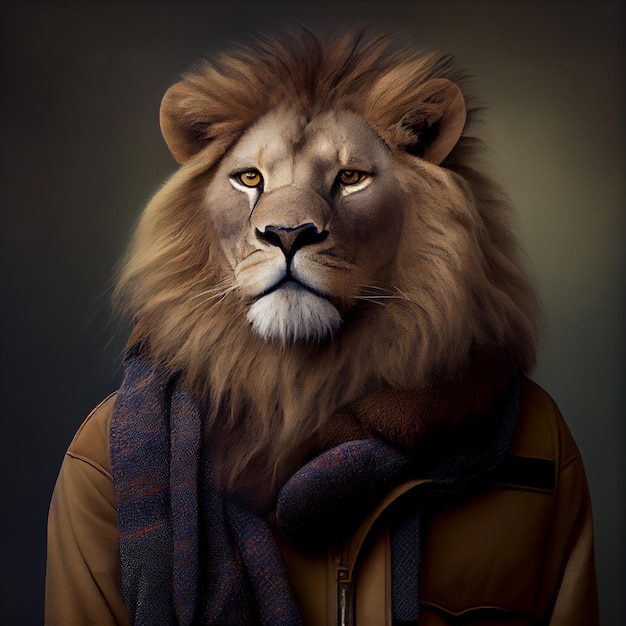 Portrait of an human lion hybrid wearing clothes mixed creature mythology generative AI