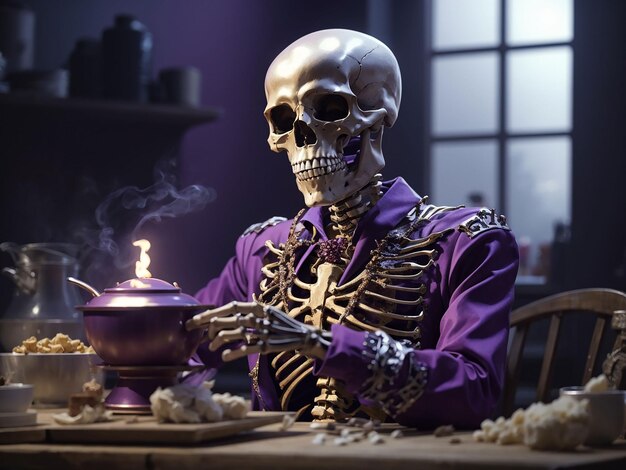 Portrait of human skeleton cooking