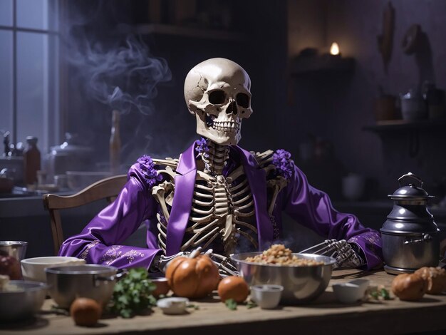 Portrait of human skeleton cooking