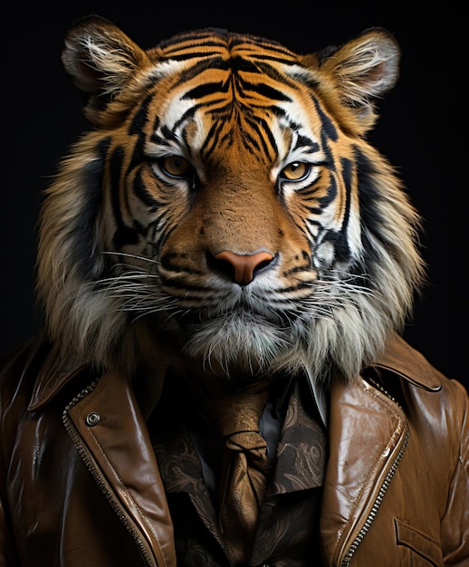 Portrait of a human with a tiger head wearing a brown jacket Isolated on a black background