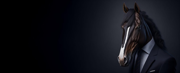 Портрет гуманоидной антропоморфной лошади в костюме бизнесмена на черном фоне