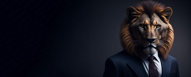 Портрет гуманоидного антропоморфного льва в костюме бизнесмена-босса на черном фоне баннера