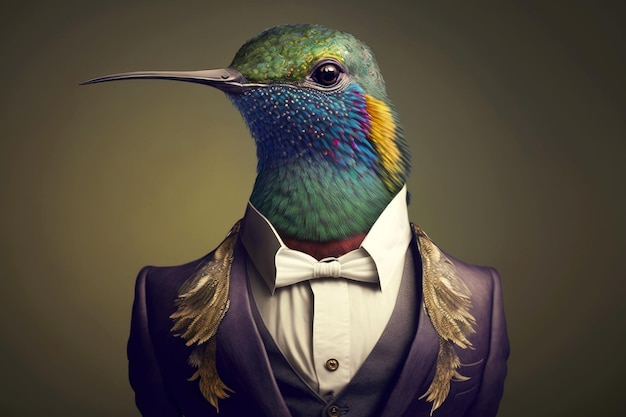 Portrait of hummingbird in an expensive business suit generative ai