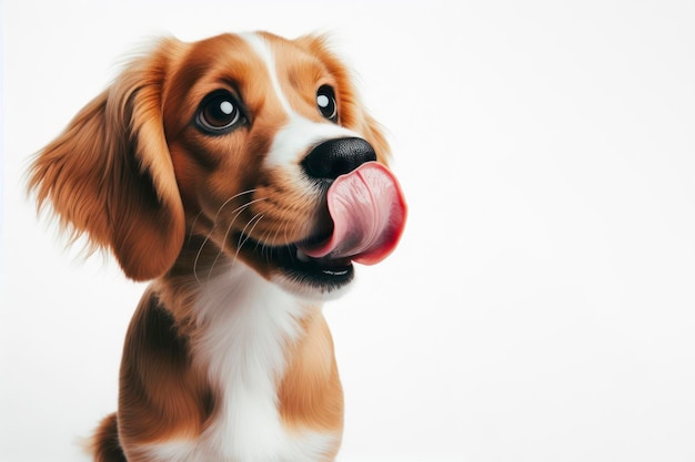 Photo portrait hungry and funny cute dog licking it lips with tongue on white background