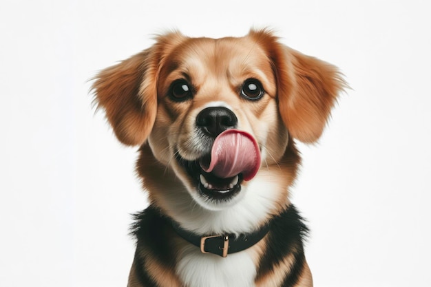 Portrait hungry and funny cute dog licking it lips with tongue on white background