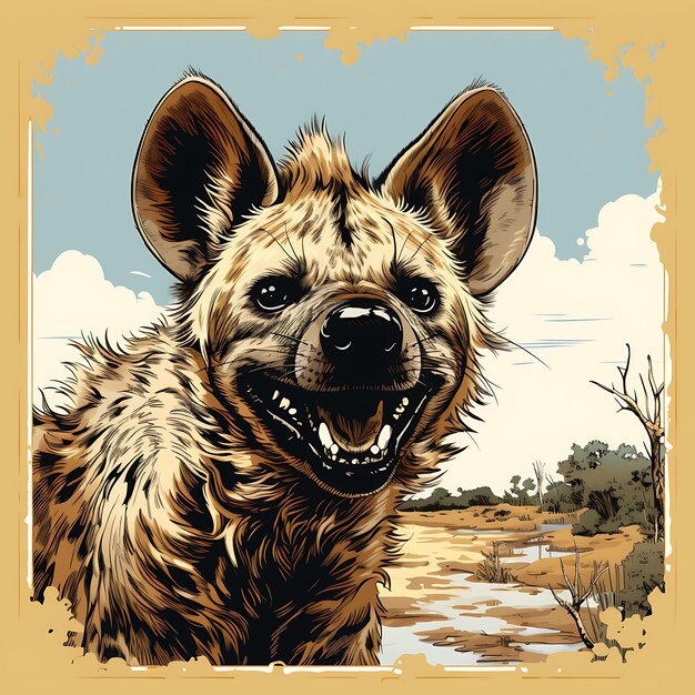 Portrait of hyena holding bones grinning mischievously tawny co vintage poster 2d flat design art