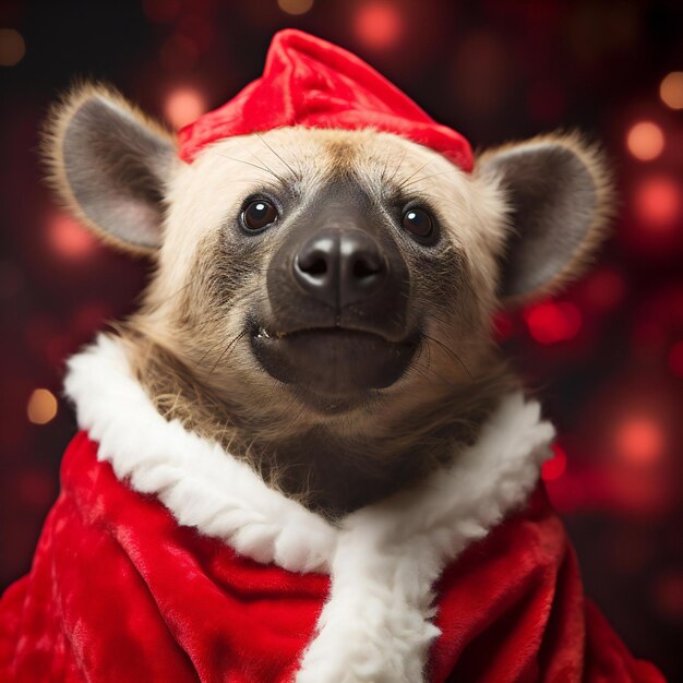 Portrait of a hyena in Santa Claus clothes on a dark background