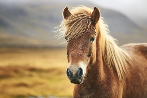 アイスランドの風景の中のアイスランドの馬の肖像画生成ai