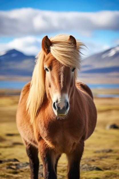 portrait of Icelandic horse in iceland landscape Generative ai