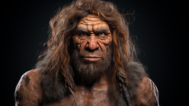 Foto ritratto di un'illustrazione dell'uomo di neanderthal preistorico