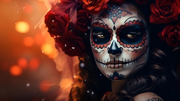 Portrait illustration of a woman with sugar skull makeup over red bokeh background Day of the dead or dia de los muertos concept Halloween costume and makeup Portrait of Calavera Catrina AI