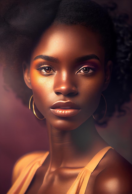 자연스러운 머리와 노란 드레스를 입은 젊은 흑인 여성의 초상화 삽화