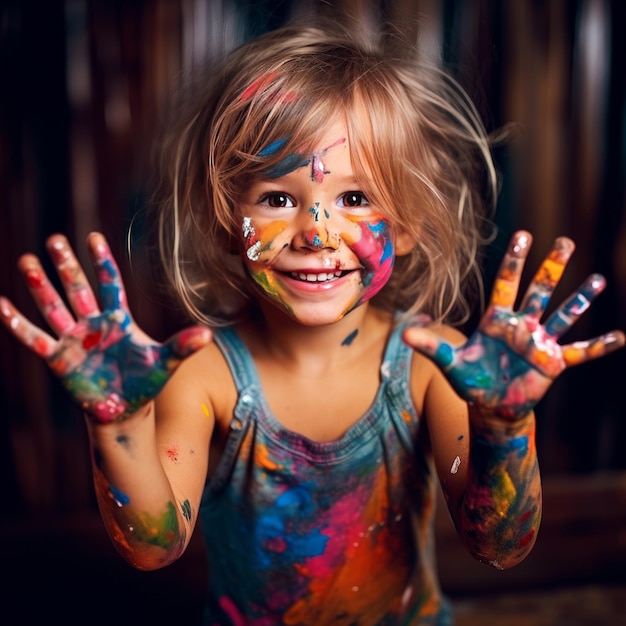 a portrait image of a girl with colorful hands