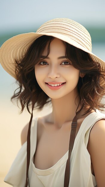 Portrait image of a pretty asian woman wearing a hat enjoying on the beach