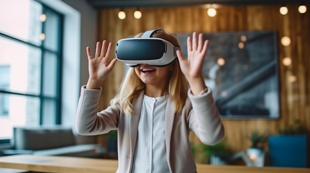 A portrait image shows a young girl at her home office using motions typical of virtual reality gaming play GENERATE AI