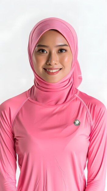 Portrait image of A Young asian muslim woman wearing pink hijab and sports wear isolated on white ba