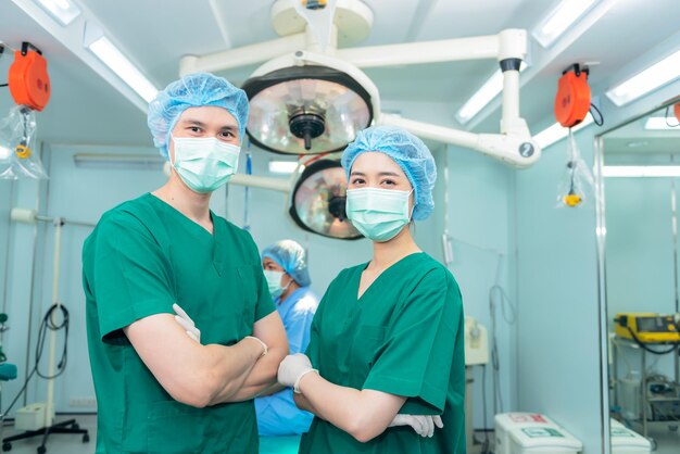 Portrait images A team of Asian doctors male and female surgeons Standing in the operating room