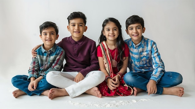 Photo portrait of indian asian young family of four sitting on white flour against white background look