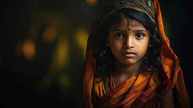 portrait Indian child feeling sad in the rural wearing traditional dress