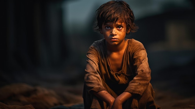 portrait Indian child feeling sad in the rural