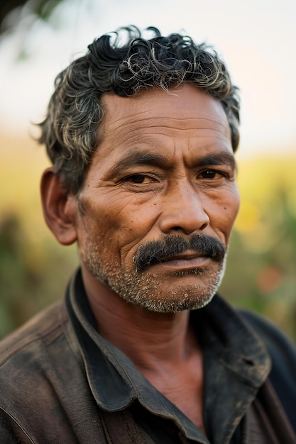 Portrait of Indian farmer with beard and mustache in the field