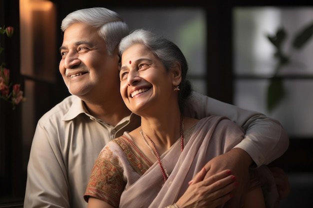 Portrait of Indian happy couple embracing each other at home on sofa or dining table