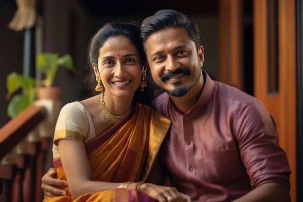 Portrait of Indian happy couple embracing each other at home on sofa or dining table