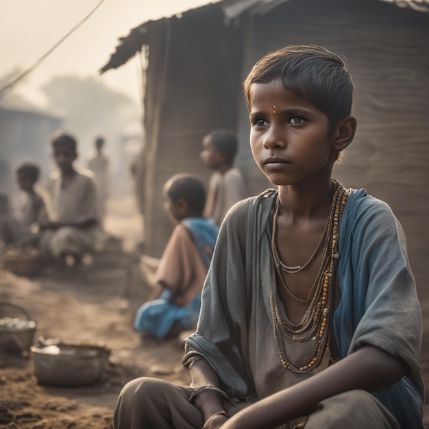Portrait of indian kid boy in village at night in the evening