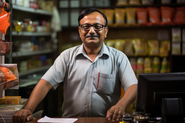 キャッシュカウンターに座ってカメラを見ながら幸せに眺めているインド人の男性小さなキラナまたは食料品店のオーナーの肖像画