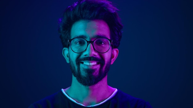 Portrait indian man muslim guy developer coding worker smile computer internet technology hacker