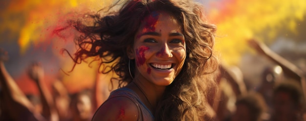 Foto ritratto di una donna indiana che si diverte a festeggiare holi ballando e sorridendo